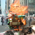 A fire outside MSG disrupts the otherwise peaceful protest.