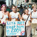 Women from Florida bear their political slogans.